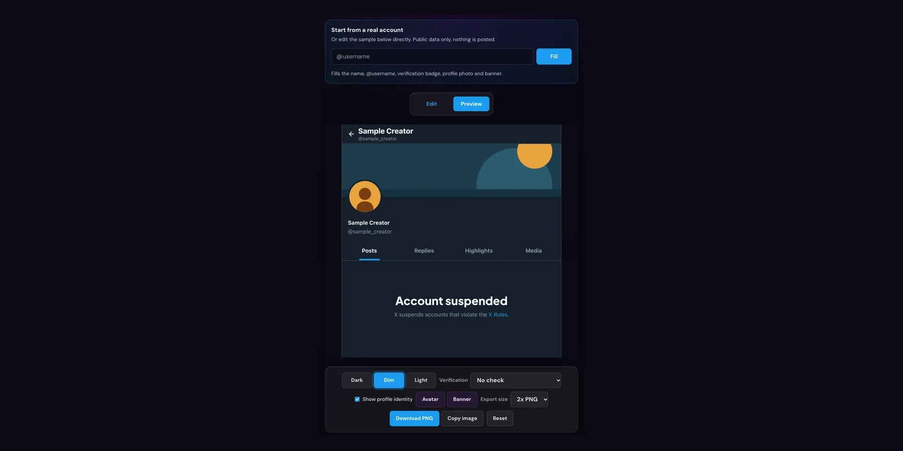 Xholic's Account Suspension Screen Generator in preview mode, showing a Dim-theme Account suspended profile for the placeholder account Sample Creator, with theme, layout and export controls below.