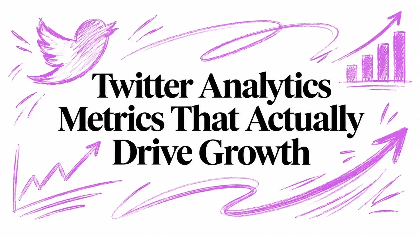 Twitter Analytics Metrics That Actually Drive Growth hero graphic with purple charts, arrows, and an illustrated X bird.