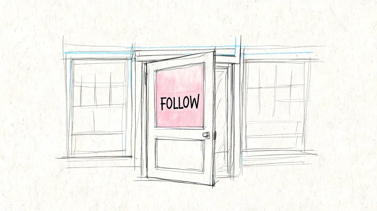 A sketched illustration of a door slightly ajar with a pink sign reading FOLLOW attached to it.