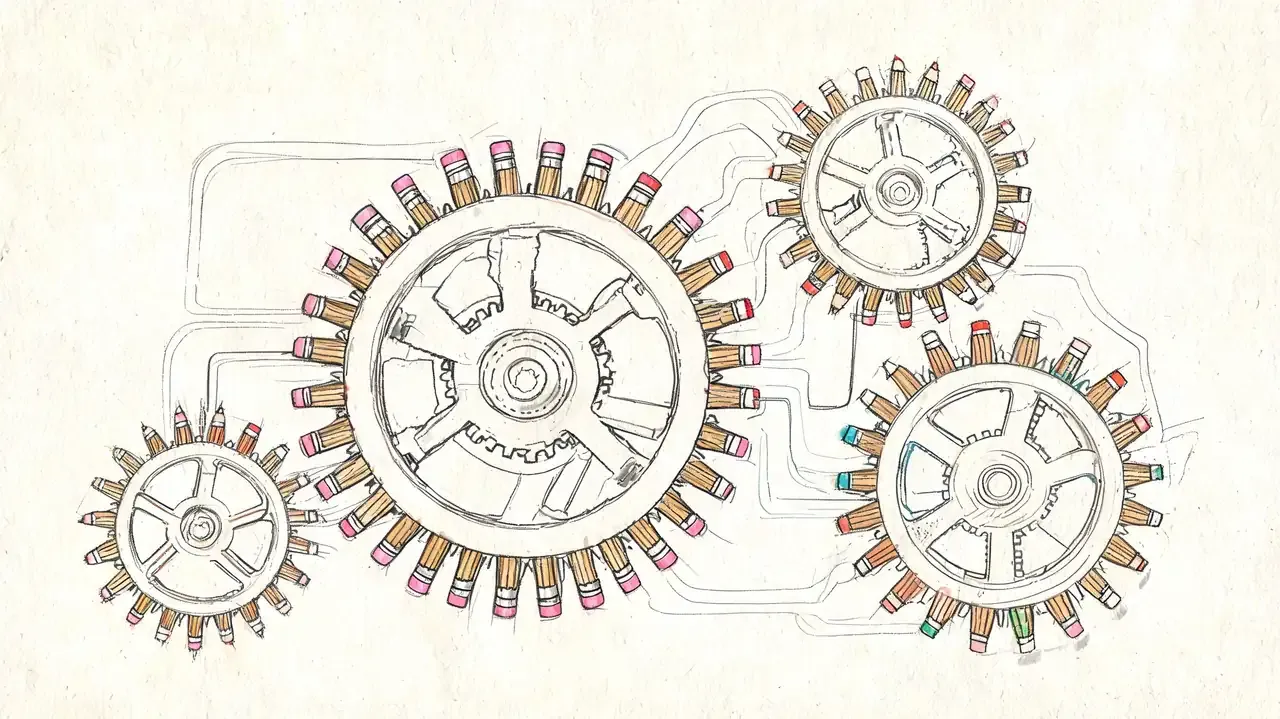 A creative pencil sketch illustration of interconnected gears made from wooden pencils with eraser tips.