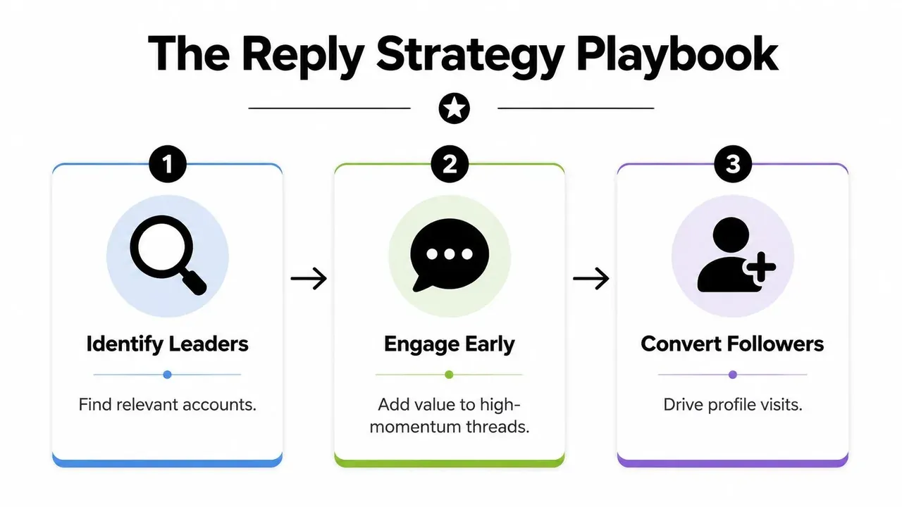A three-step infographic showing how to gain followers by identifying leaders, engaging early, and converting profile visits.
