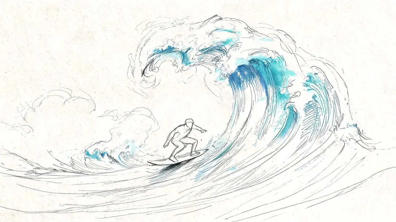 A pencil sketch of a surfer riding a large, crashing wave with watercolor accents in blue tones.