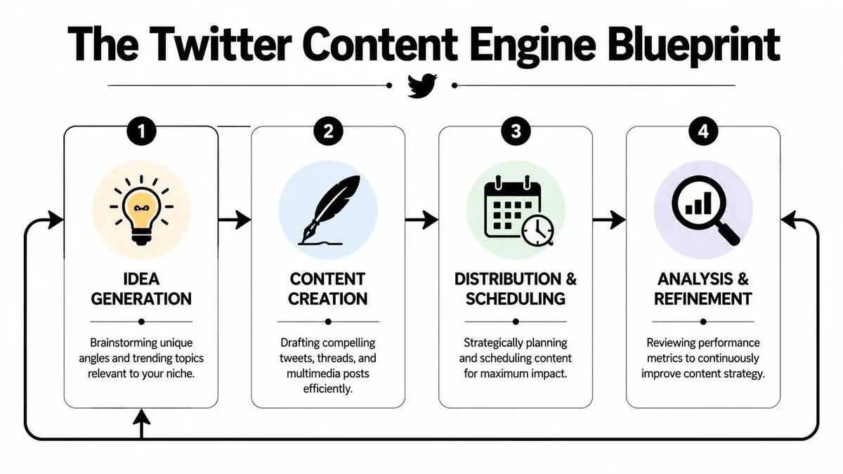 A four-step infographic illustrating a Twitter content engine process for generating, creating, scheduling, and analyzing social media posts.