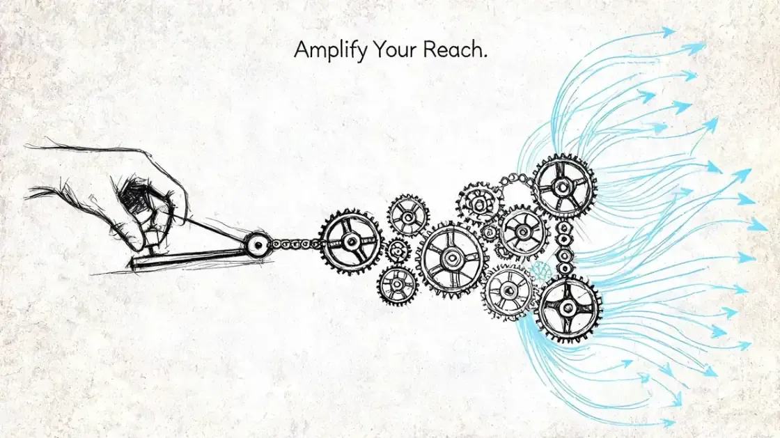 A hand operating a mechanical gear system that transforms simple input into numerous outward-reaching light blue arrows.