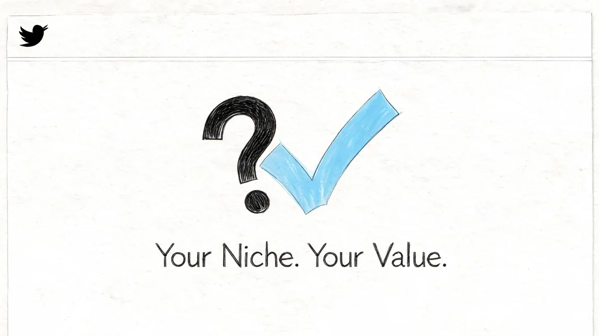 A hand-drawn illustration with a question mark and a blue checkmark, captioned Your Niche. Your Value.