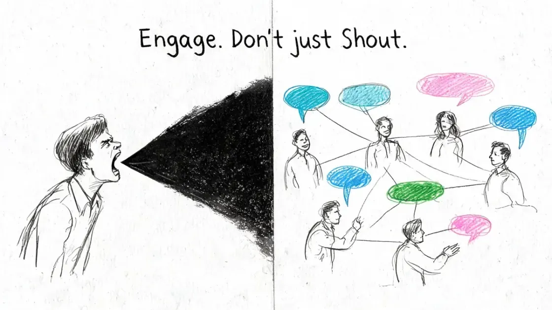 A conceptual sketch illustrating the difference between shouting one-way messages and engaging in two-way communication.