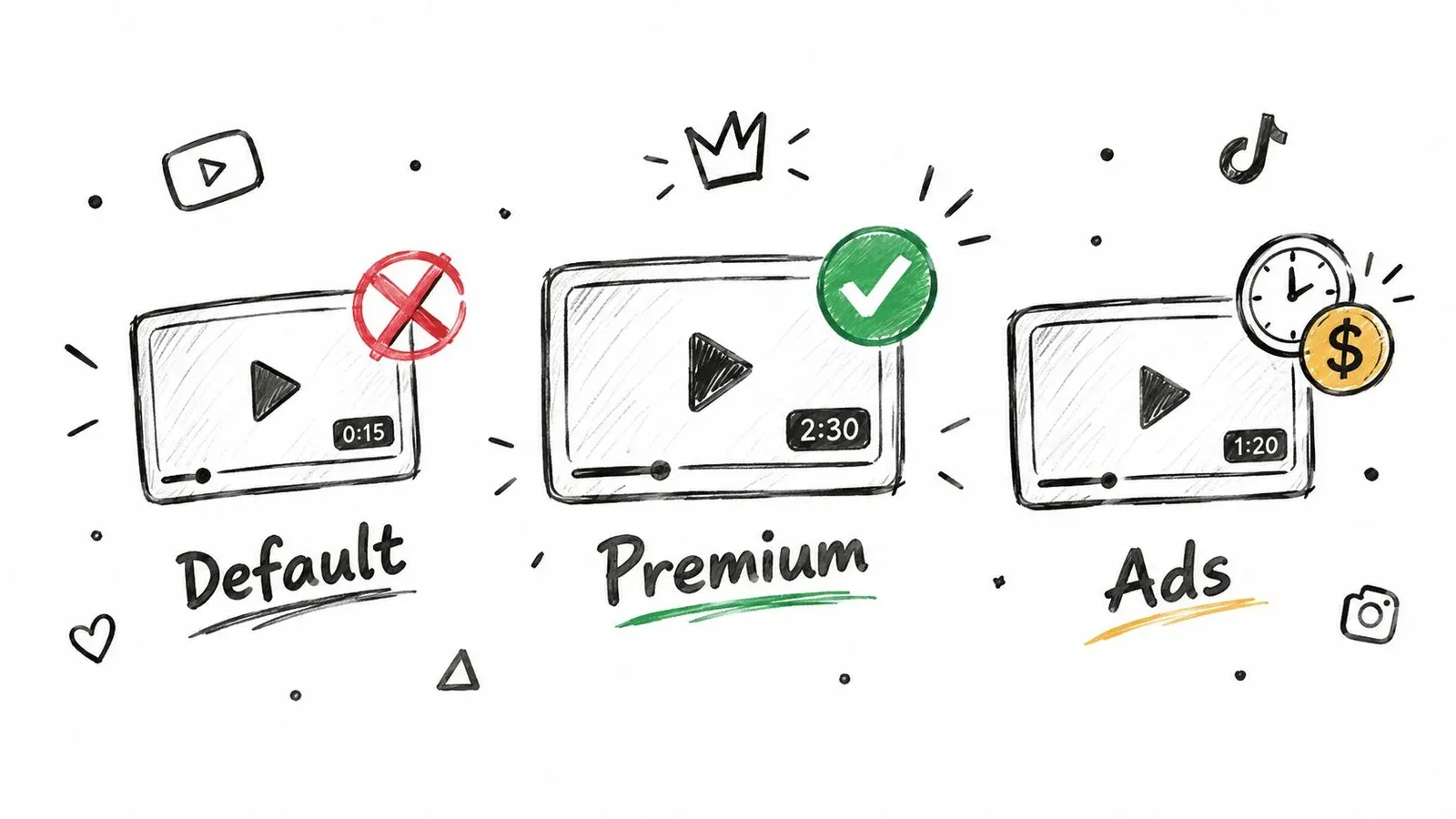 A hand-drawn illustration comparing video length limits for Default, Premium, and Ads formats on social media platforms.
