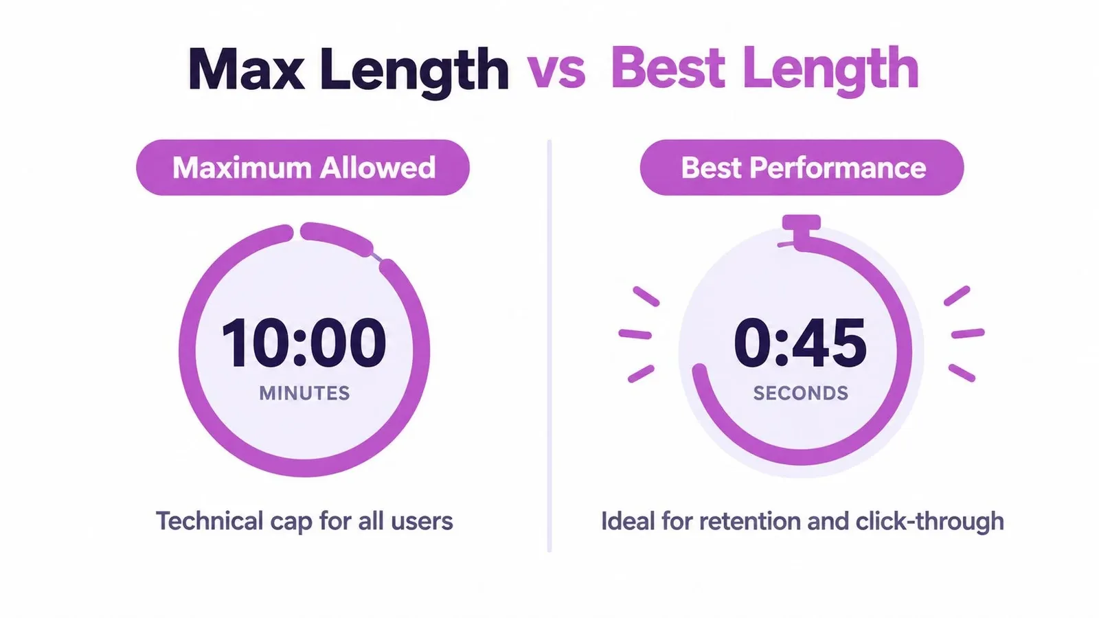 An infographic comparing the maximum allowed Twitter video length of 10 minutes against an ideal length of 45 seconds.