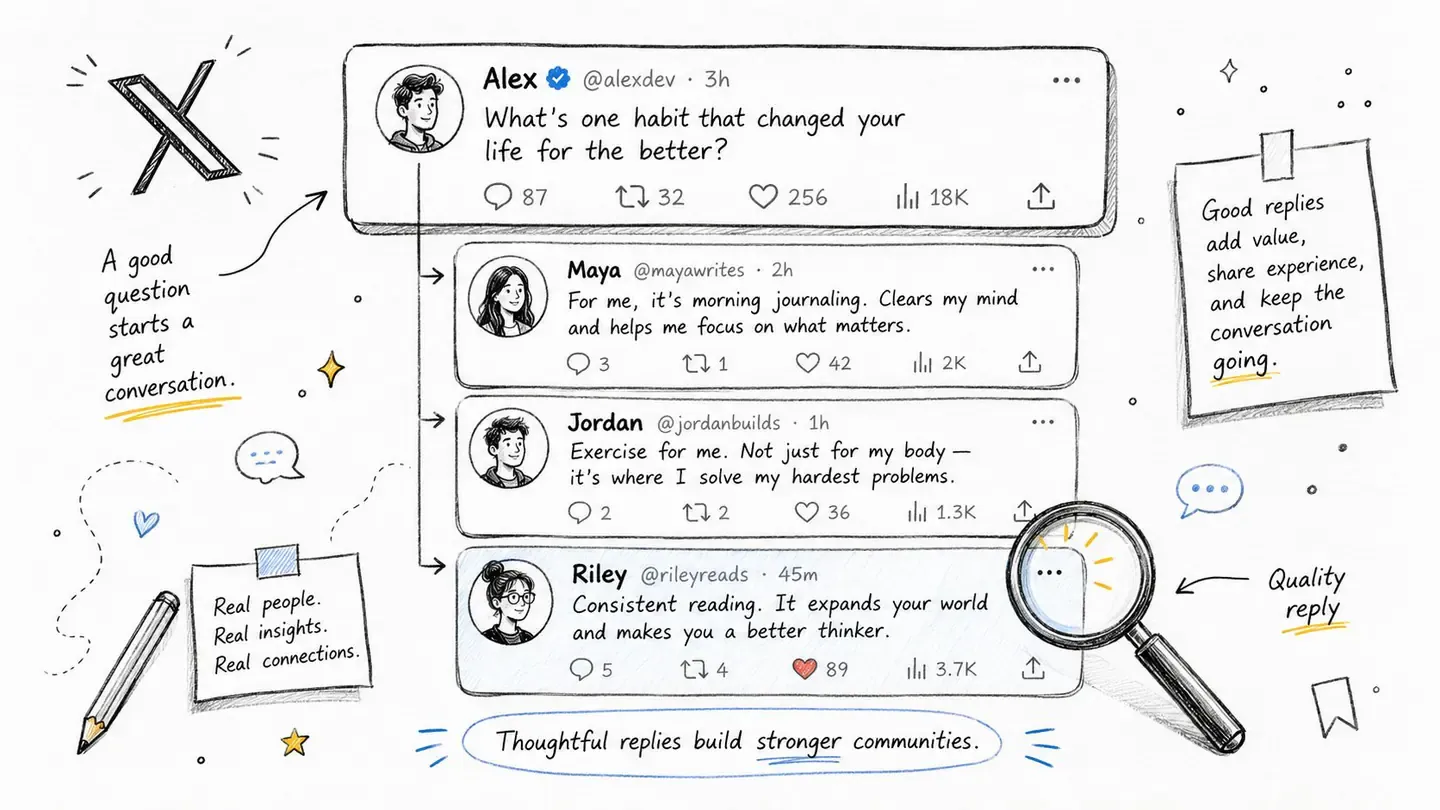 A hand-drawn illustration showing a social media thread about daily habits with engaging questions and replies.
