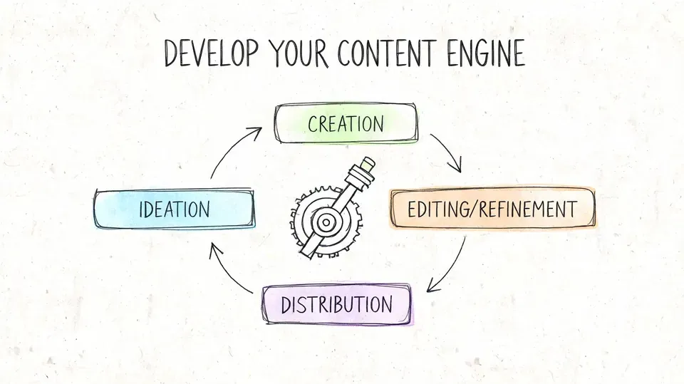 A hand-drawn diagram illustrating a four-step content engine process involving ideation, creation, editing, and distribution.