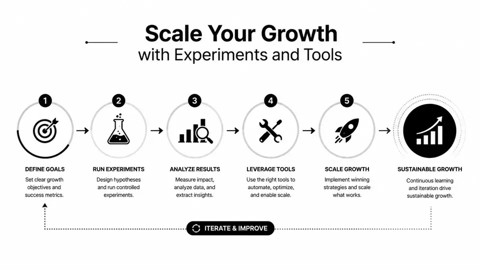 A five-step infographic showing a process for scaling business growth through experimentation, tools, and continuous improvement.
