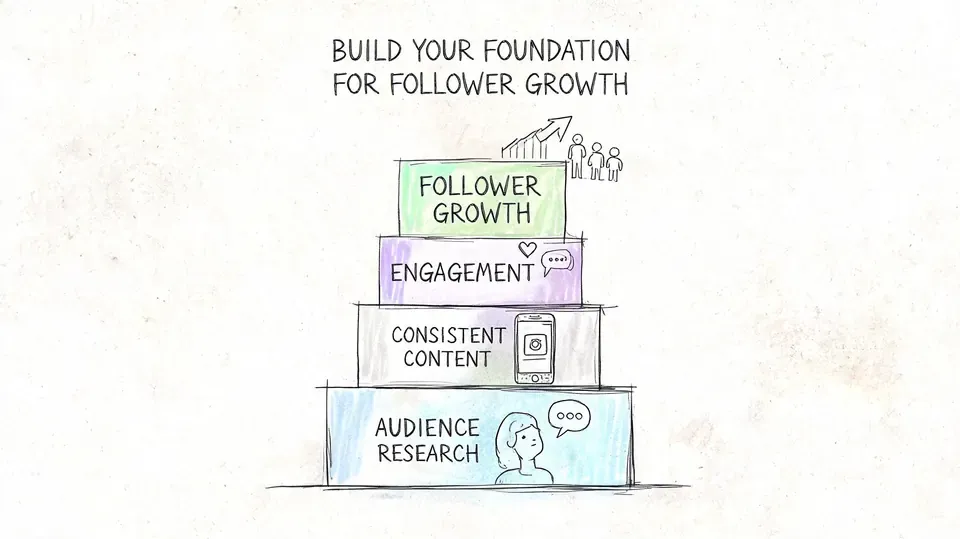 A hand-drawn pyramid infographic showing the four essential steps for building social media follower growth.