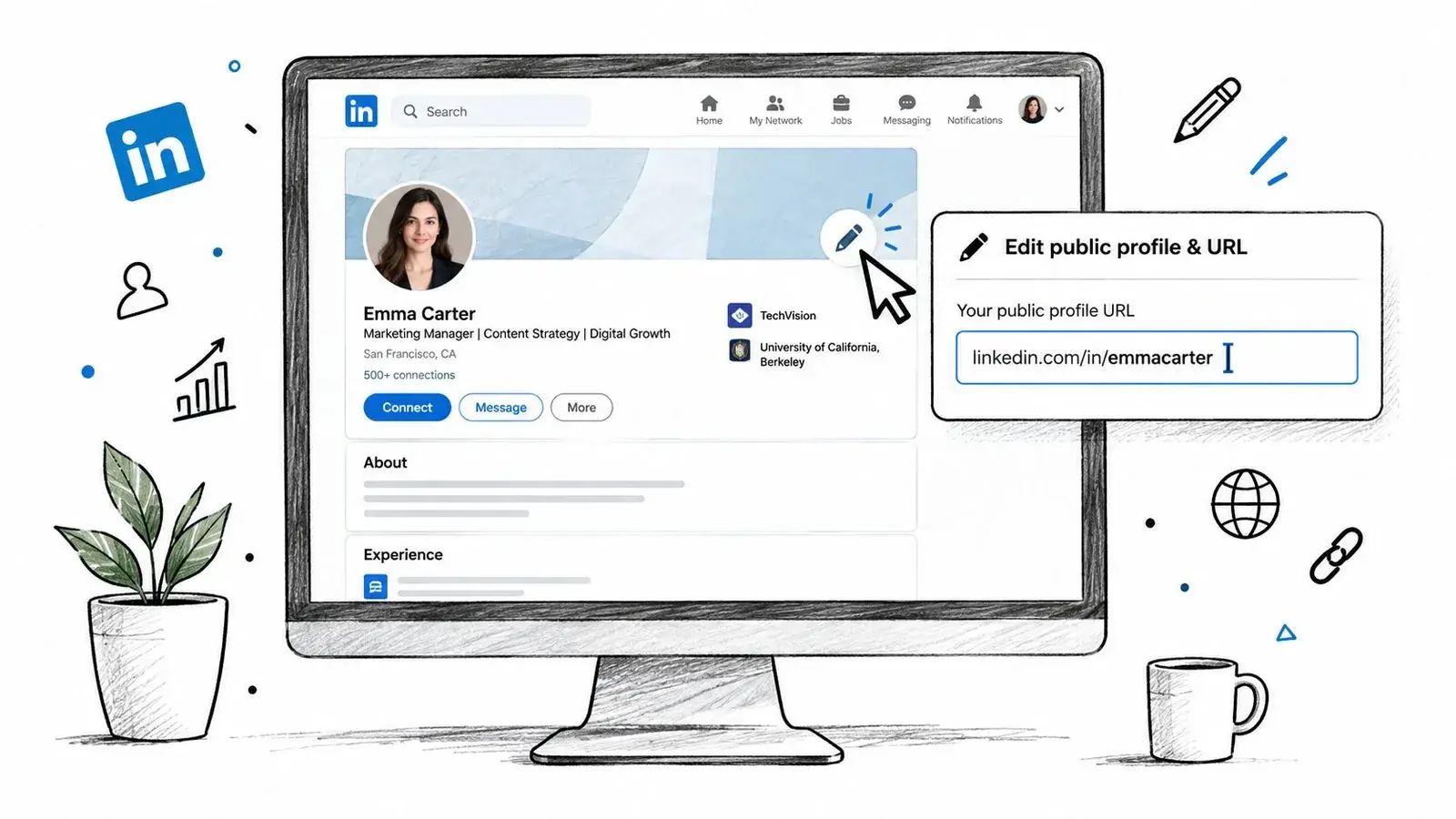 A sketched desktop monitor showing a LinkedIn profile with the Edit public profile and URL panel open to a custom linkedin.com/in address.