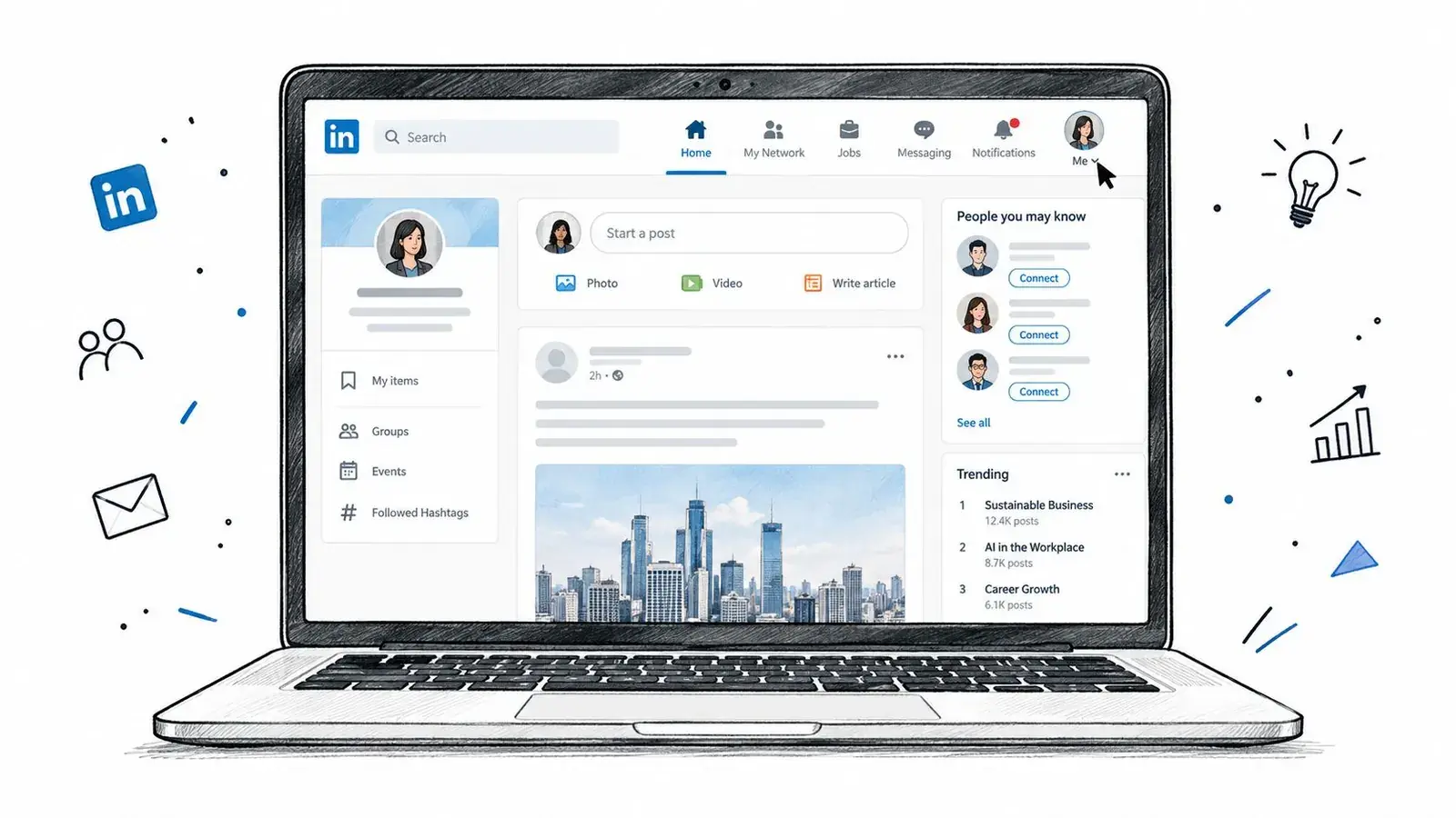 A sketched laptop showing the LinkedIn desktop feed with the cursor on the Me menu in the top navigation bar.