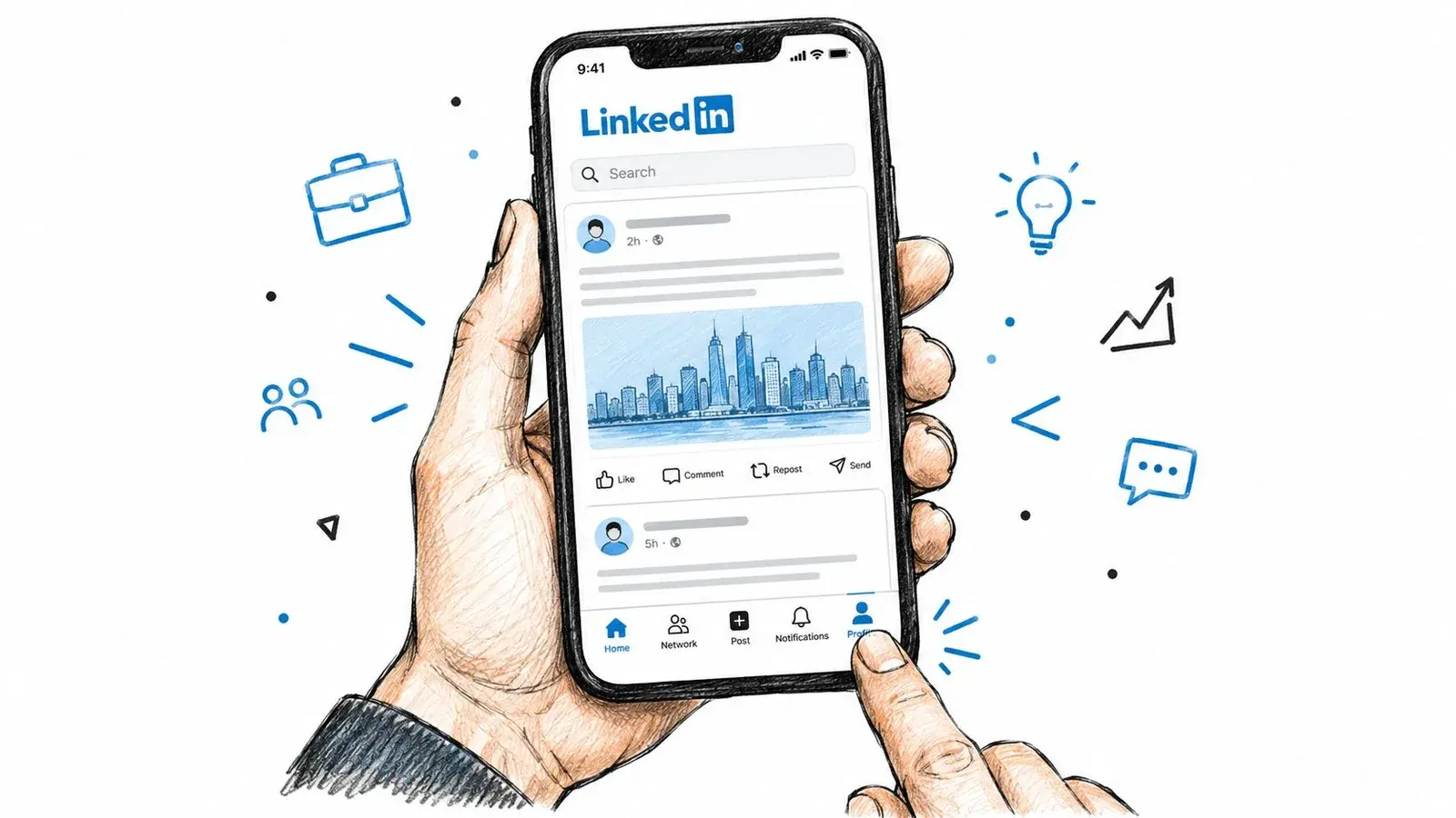 A hand holding a phone with the LinkedIn mobile app open while a thumb taps the profile tab.