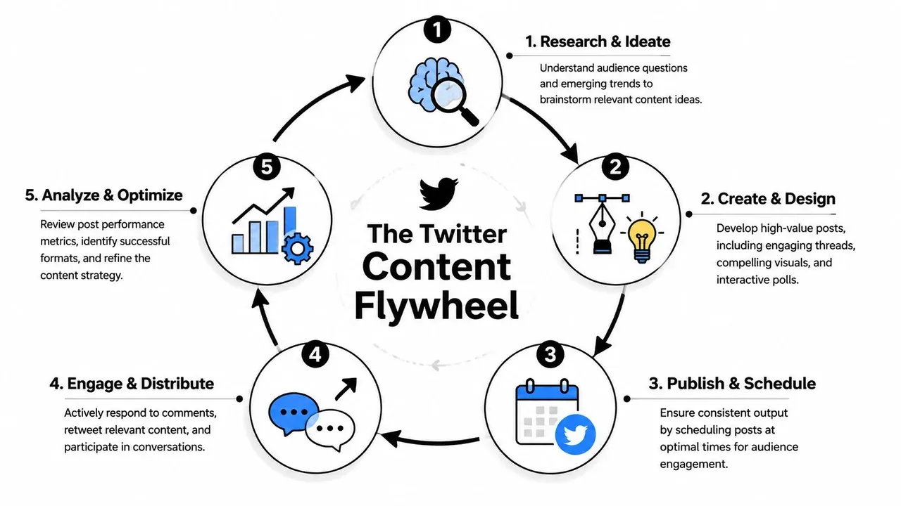 A circular infographic illustrating the five steps of the Twitter content flywheel strategy for social media growth.