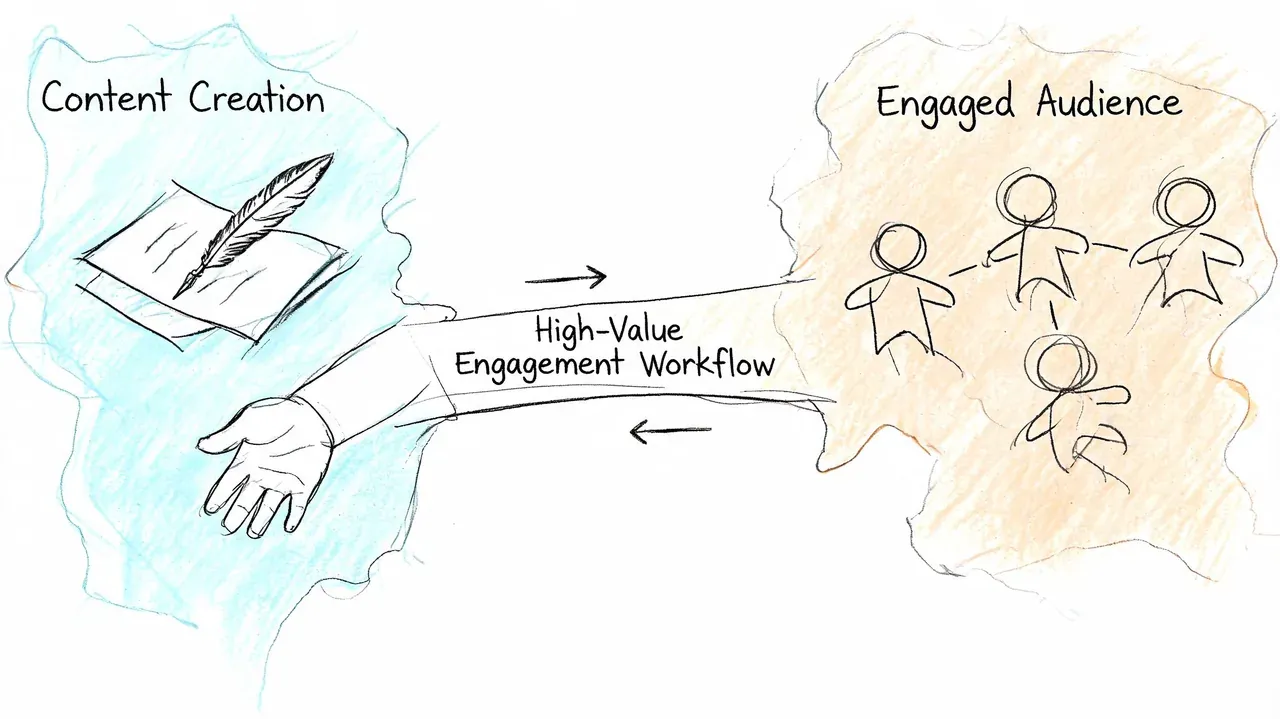 A hand-drawn sketch illustrating a high-value engagement workflow between content creation and an engaged audience.