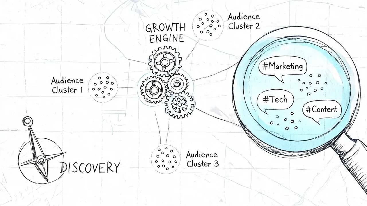 A hand-drawn illustration depicting a growth engine connecting multiple audience clusters with a magnifying glass focus.