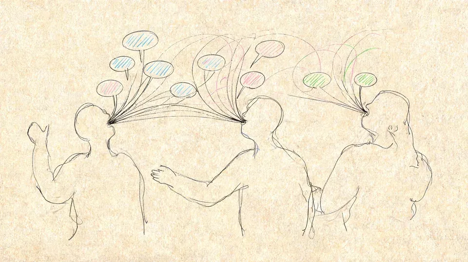 A pencil sketch of three people talking with colorful speech bubbles emerging from their mouths, representing communication.