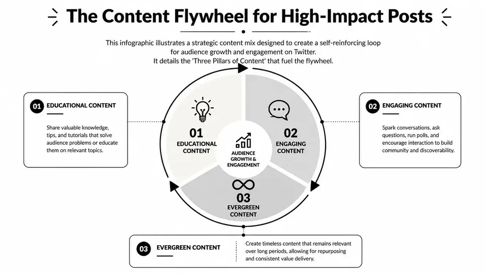 A strategic infographic outlining three content pillars for driving audience growth and engagement on Twitter.