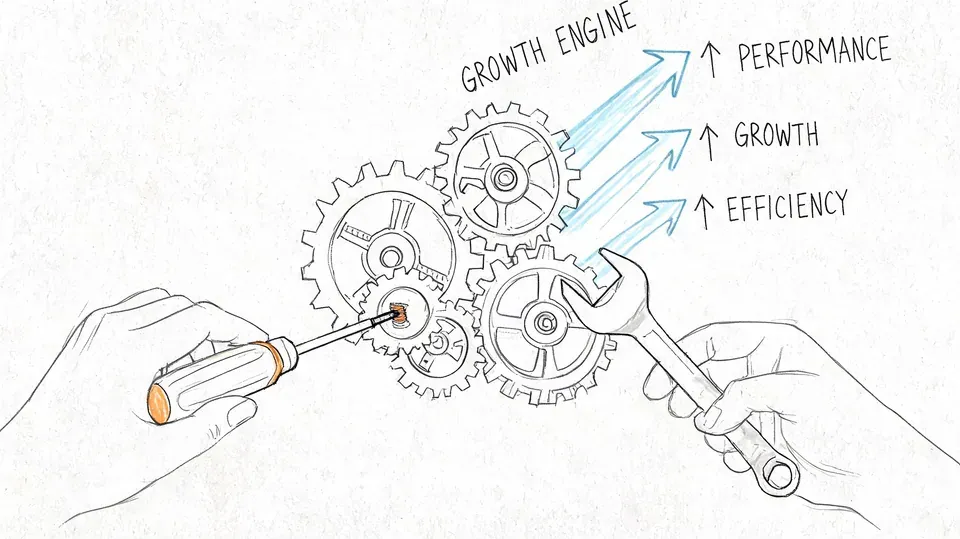 A hand-drawn illustration showing a growth engine being maintained by human hands with tools.