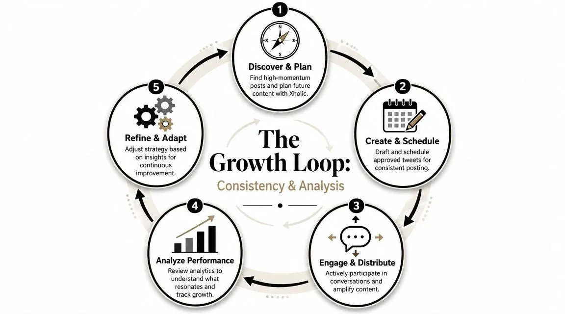 A cyclical flow diagram illustrating the five-step growth loop for consistent Twitter content strategy and performance analysis.