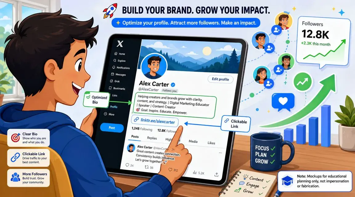 A digital illustration showing a person optimizing their social media profile to increase followers and grow their impact.