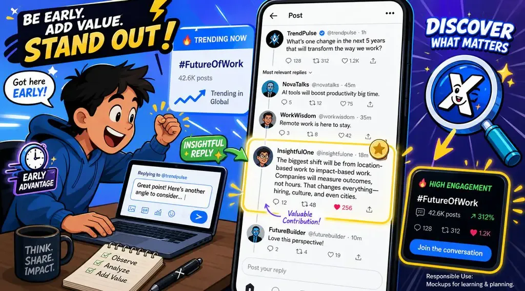 A digital illustration showing a user effectively engaging on X to gain followers and increase online presence.