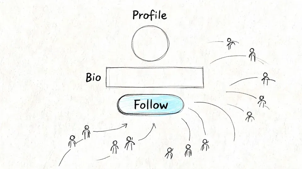 A hand-drawn illustration showing a social media profile with a follow button surrounded by many followers.