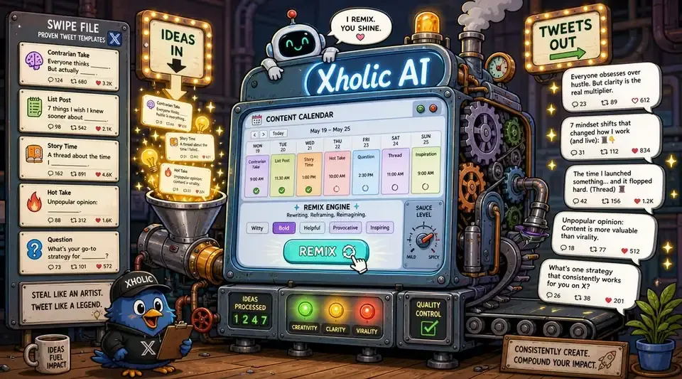 A whimsical, futuristic machine labeled Xholic AI helps automate and optimize content creation for social media posts.