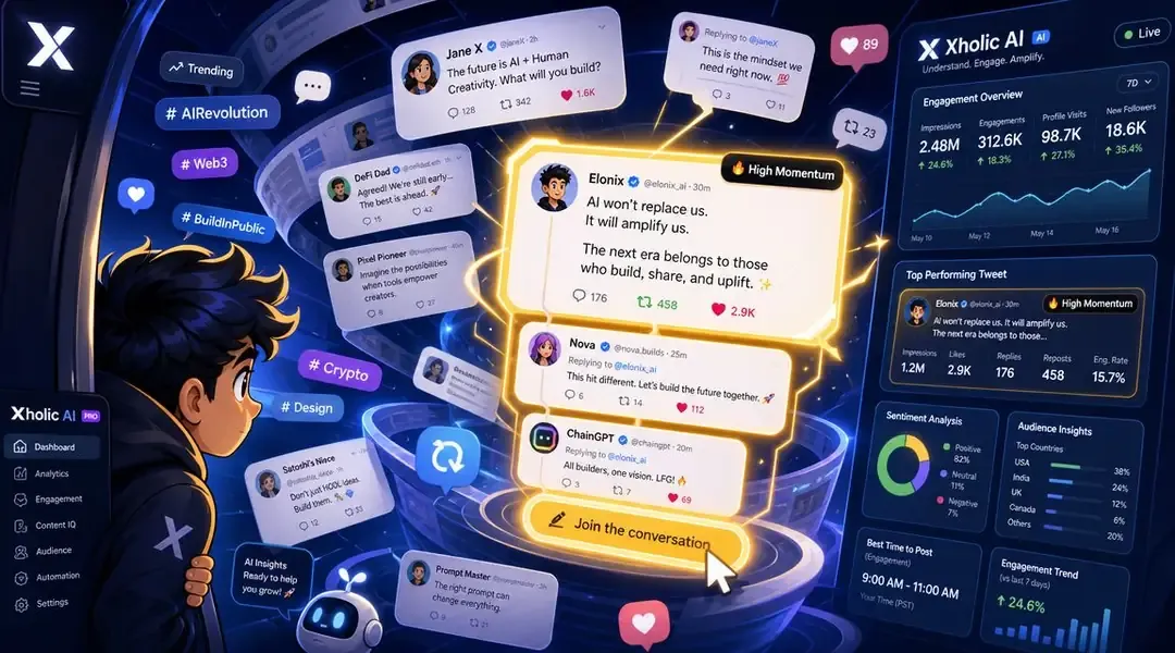 A digital illustration showing a character interacting with Xholic AI analytics dashboard for Twitter engagement.