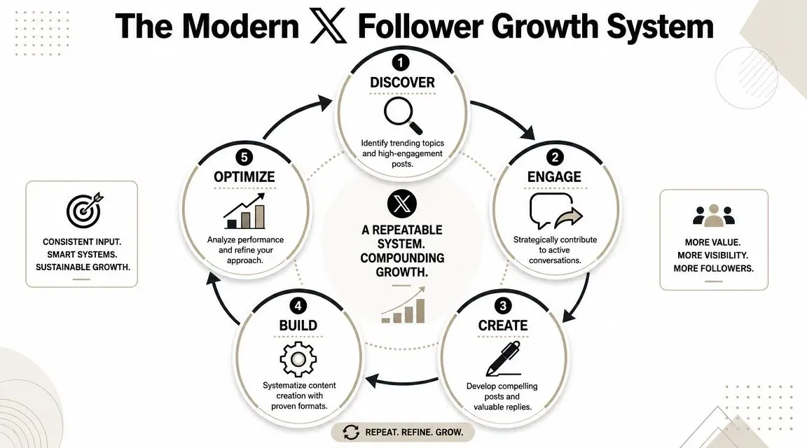 A circular infographic titled The Modern X Follower Growth System outlining five steps for social media success.