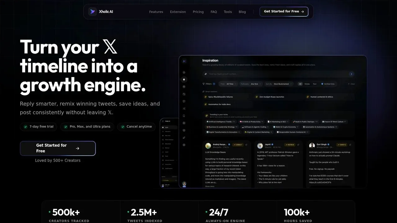 Xholic AI dashboard screenshot showing a Twitter growth workflow inside the product.