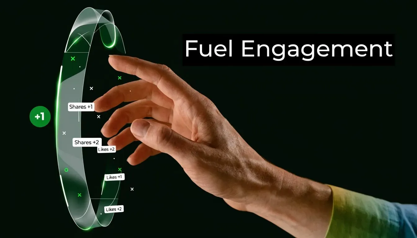 A human hand reaching toward a glowing digital ring interface with floating engagement notifications like shares and likes.