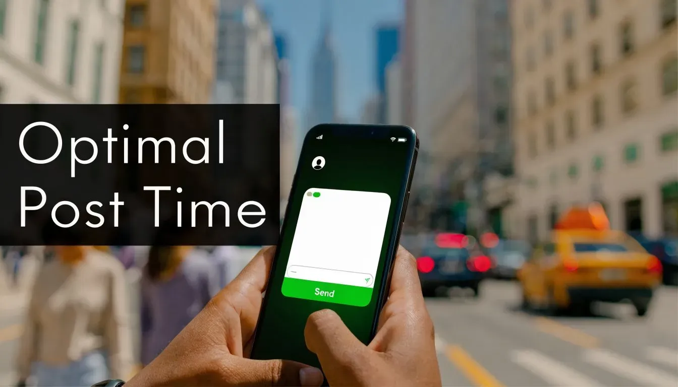 A person holding a smartphone on a busy city street with Optimal Post Time text overlay.