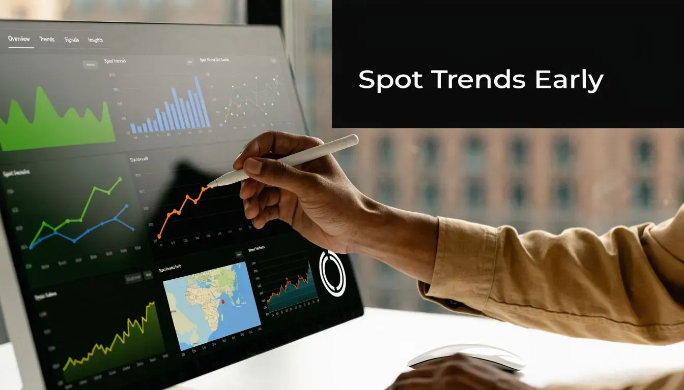 A person using a stylus on a digital dashboard display to analyze various business and market trends.