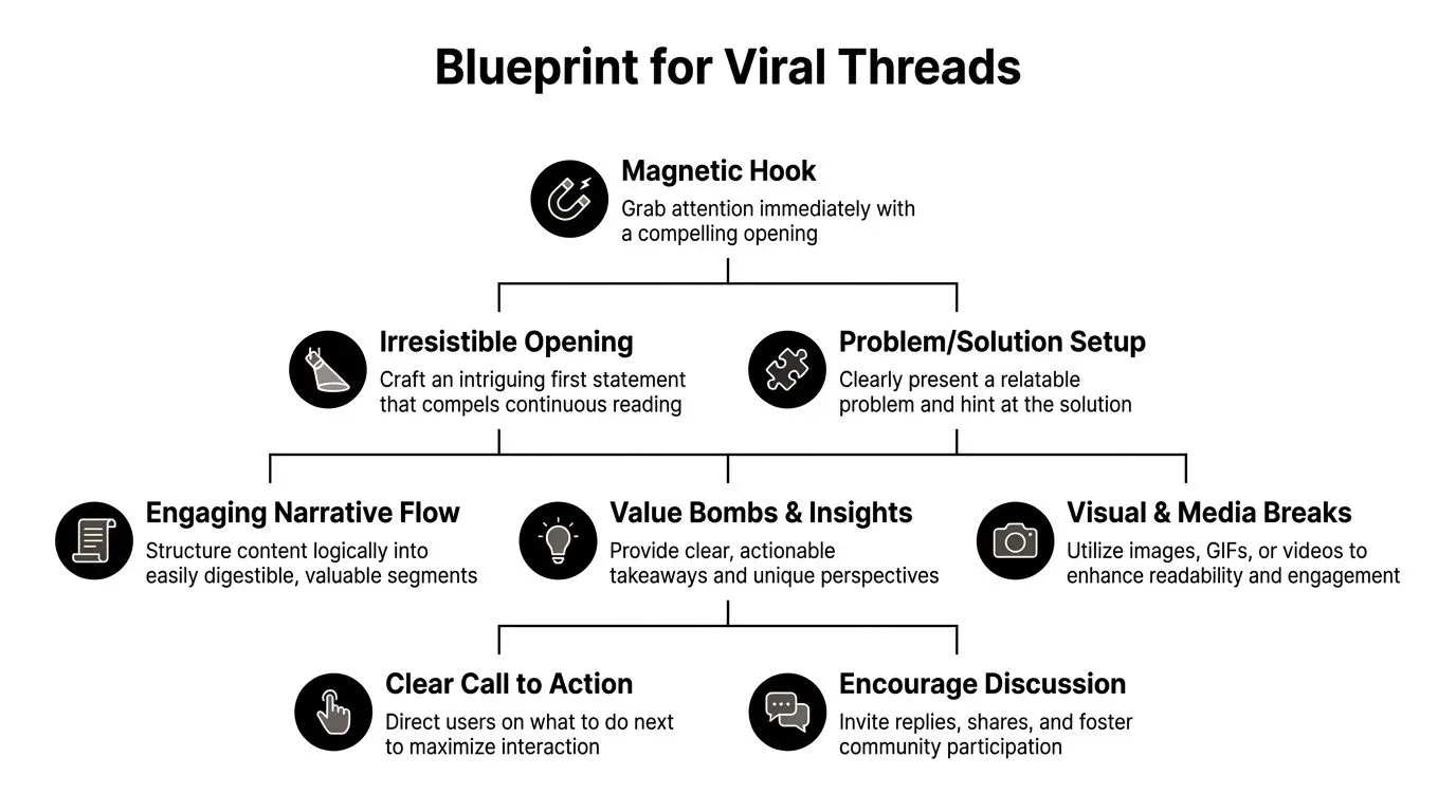 A flowchart infographic outlining essential strategies for creating viral content on social media platforms like Threads.