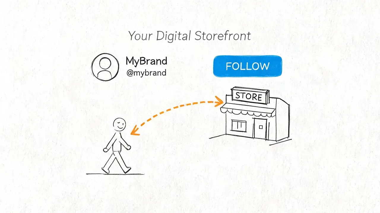 A conceptual illustration showing a digital profile leading customers to a virtual store with a follow button.
