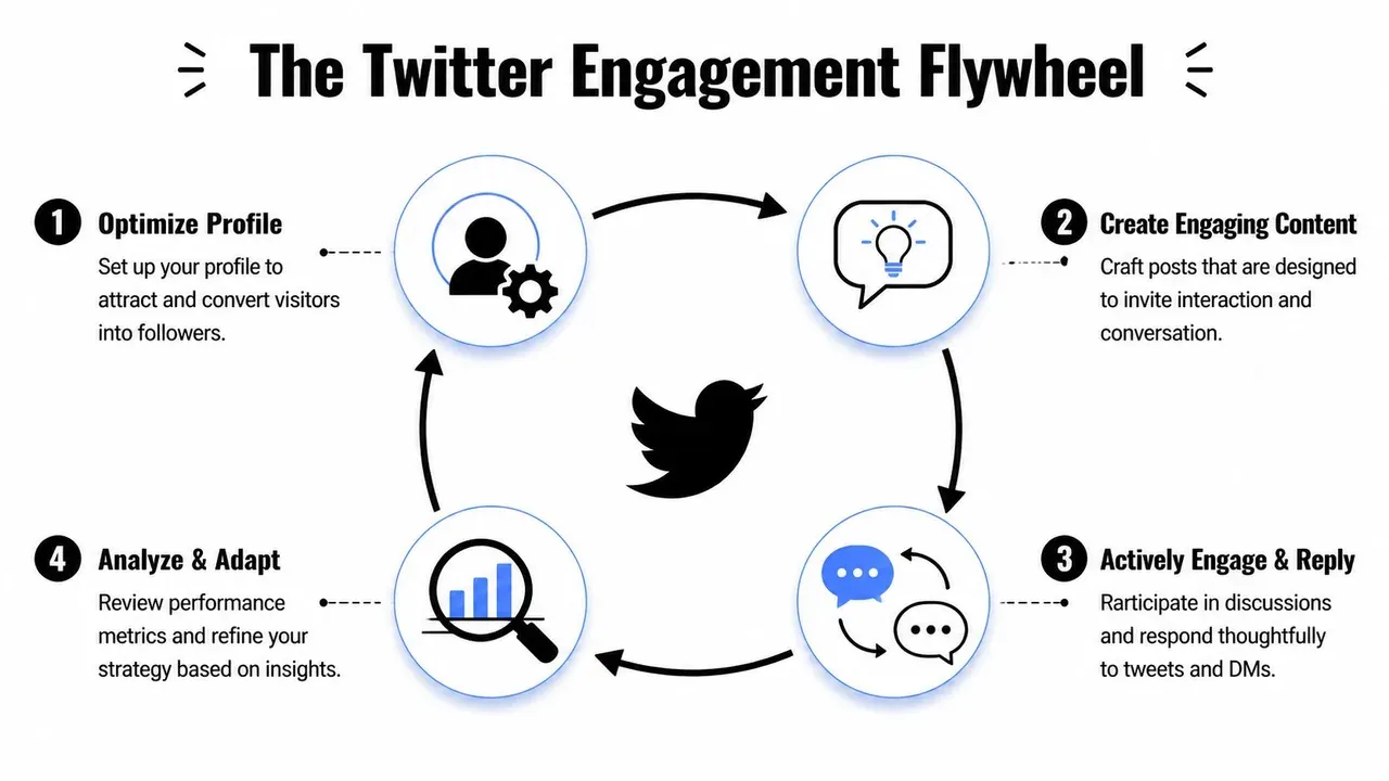 A diagram titled The Twitter Engagement Flywheel showing a four-step cycle for improving social media interaction.