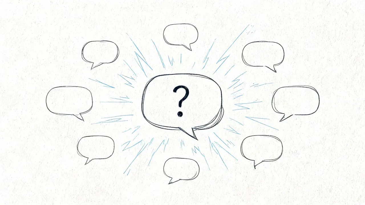 A hand-drawn illustration of a large central question mark surrounded by smaller blank speech bubbles.