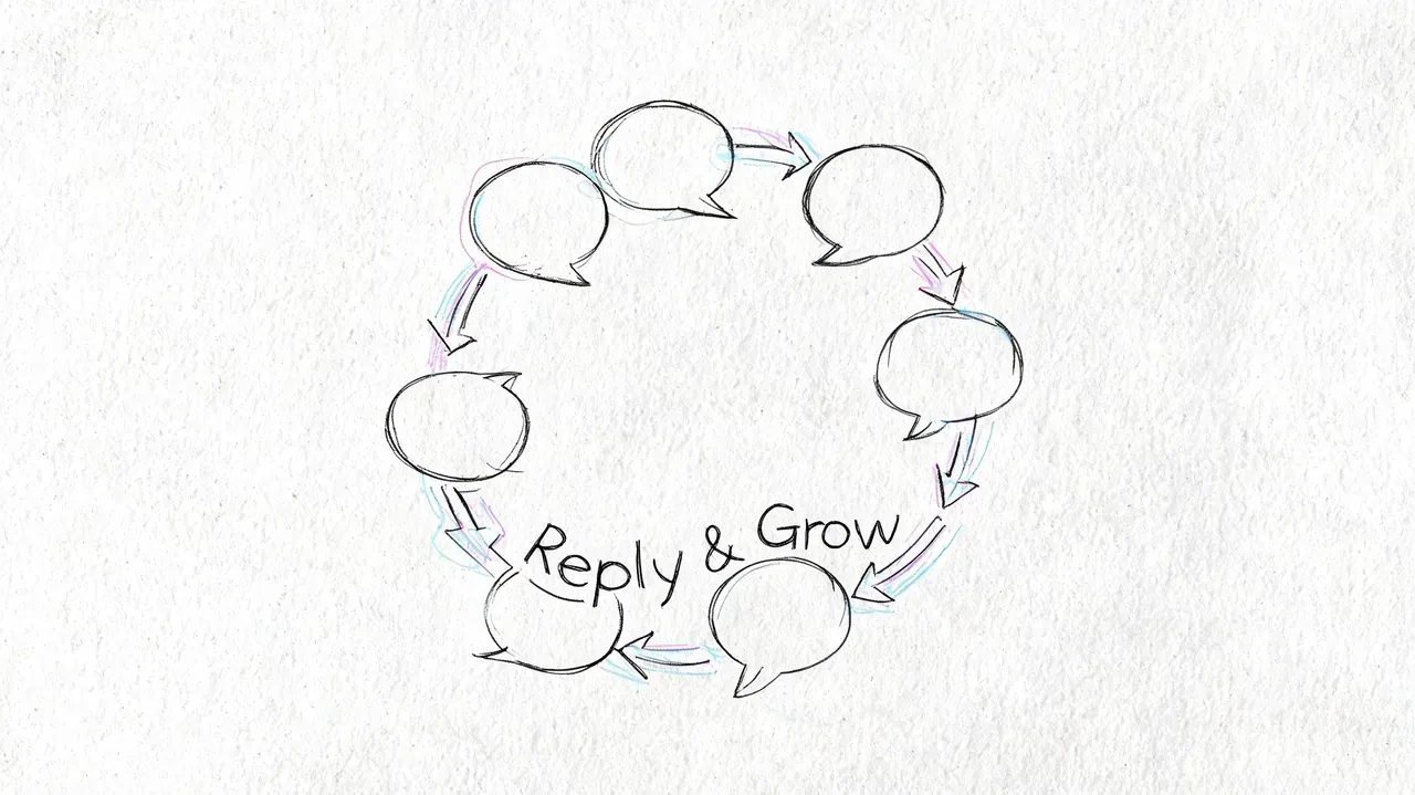 A circular diagram featuring empty speech bubbles connected by arrows, centered around the text Reply & Grow.