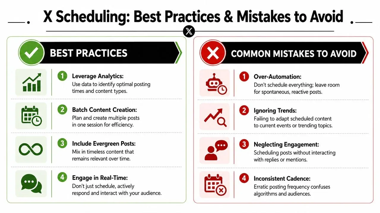 A visual guide detailing best practices and common mistakes to avoid when scheduling posts on X platform.