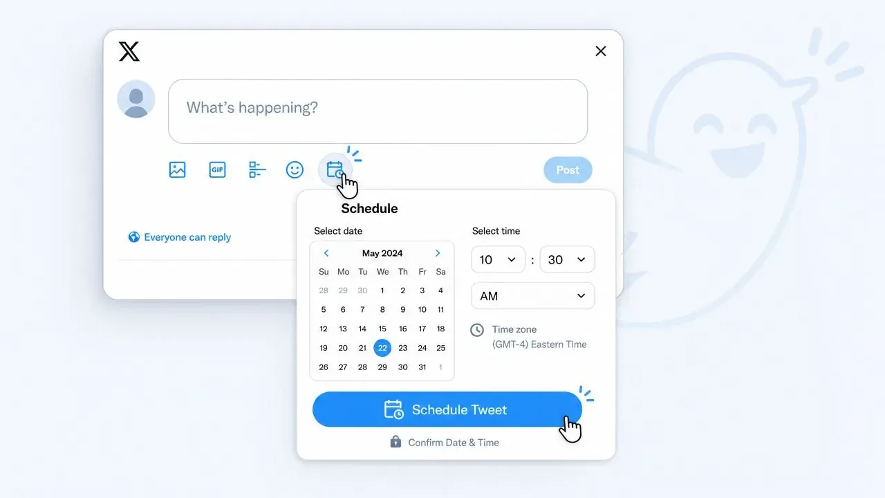 A digital interface showing a pop-up window for scheduling a tweet on the X platform interface.
