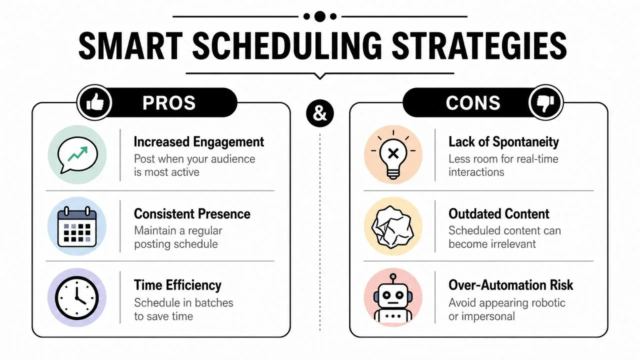An infographic titled Smart Scheduling Strategies displaying pros and cons of scheduling social media posts.