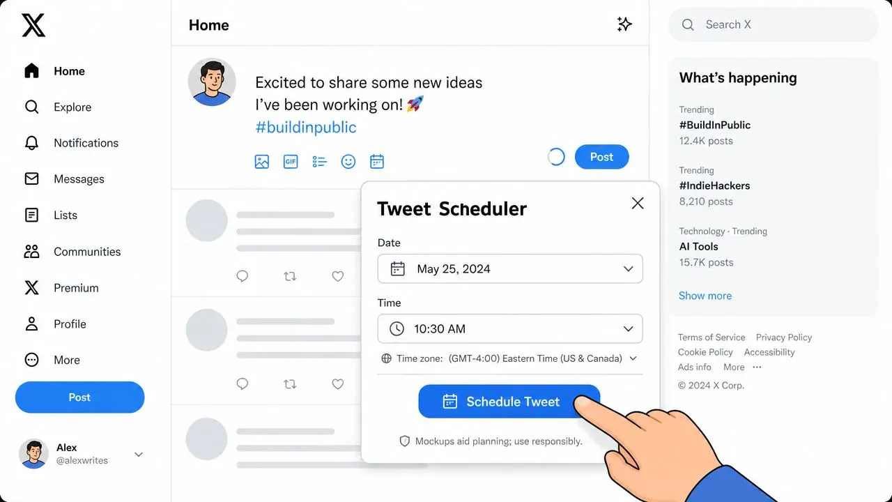 A digital interface showing a pop-up window for scheduling a Twitter post with date and time settings.