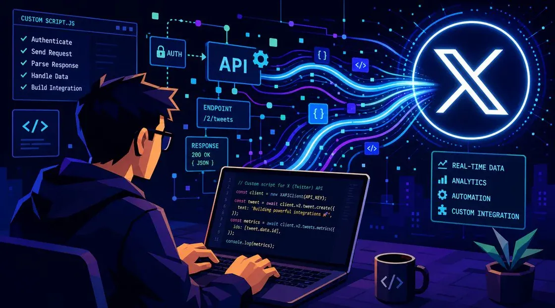 A developer writes code to integrate with the X platform API in a futuristic digital workspace.