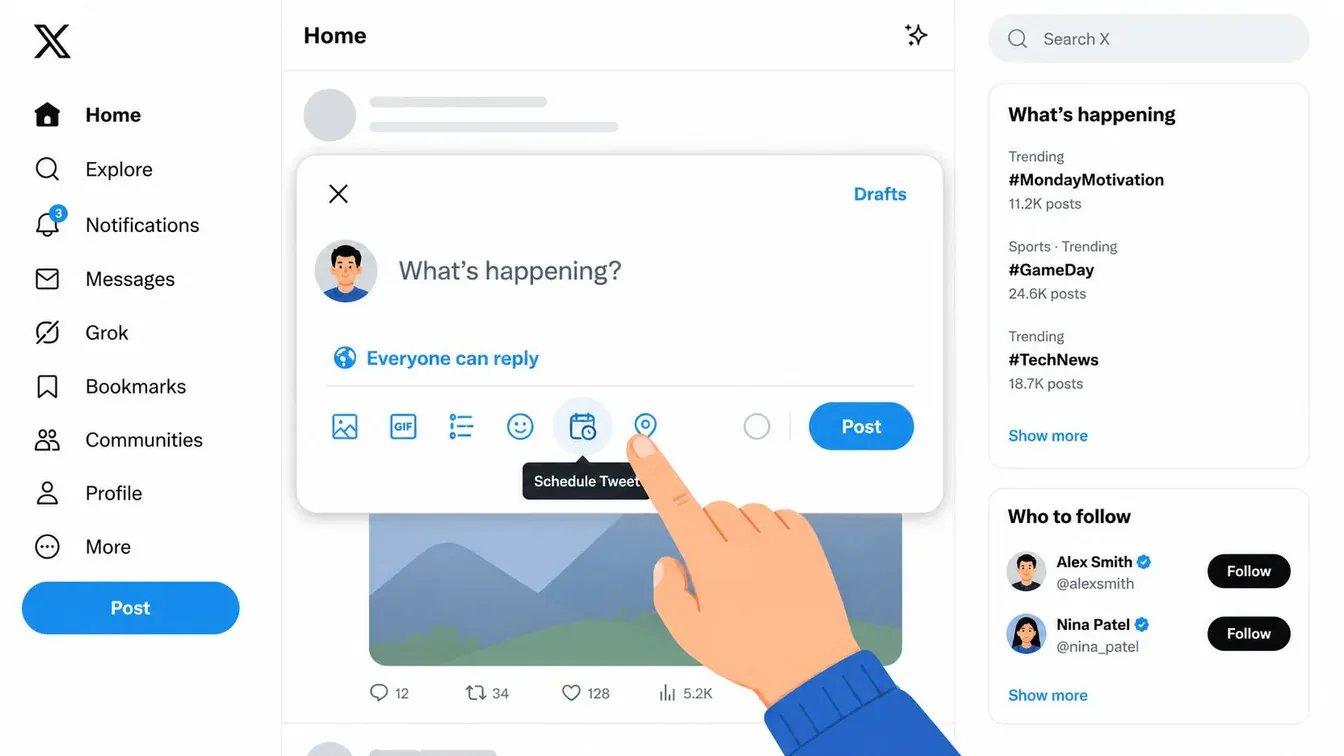 A hand selecting the scheduling icon in the tweet composer interface on the X platform interface.