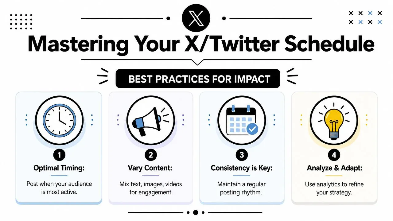An infographic titled Mastering Your X/Twitter Schedule outlining four best practices for effective social media posting.