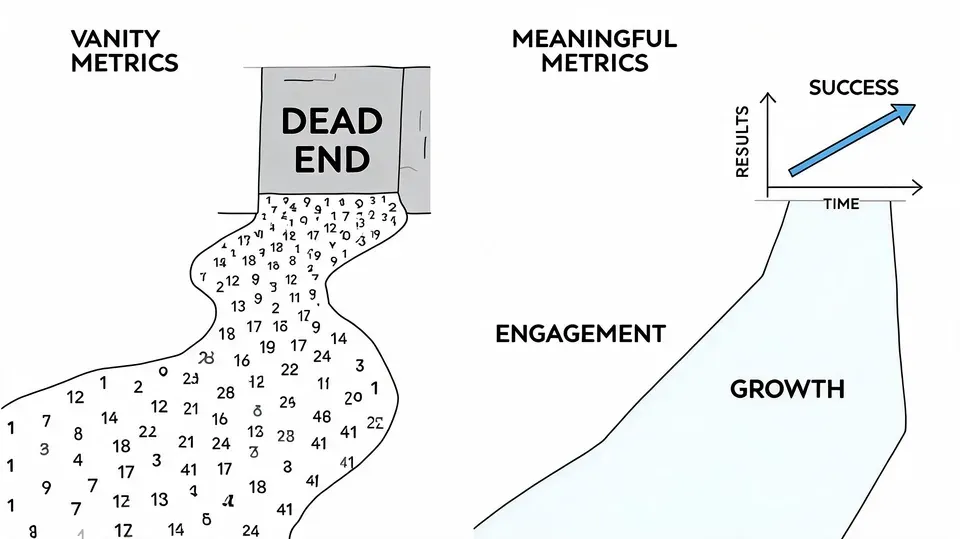 A diagram comparing vanity metrics leading to a dead end and meaningful metrics driving growth and success.