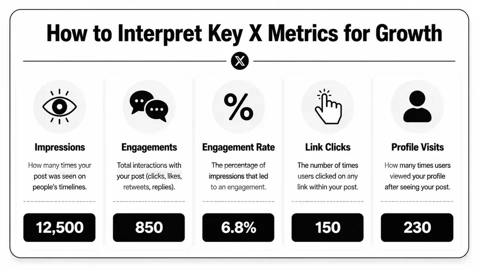 An infographic titled How to Interpret Key X Metrics for Growth displaying five essential social media analytics.